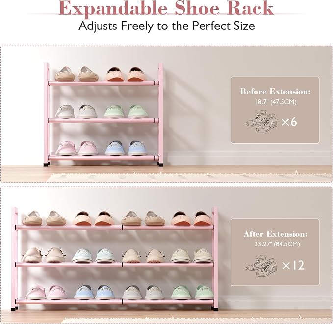 Bumusty 3-Tier Expandable Shoe Rack for Closet, 18“-33” Adjustable Shoe Rack for Small Space, Small Shoe Organizer for Front Door, Sturdy Metal, Pink - Image 4