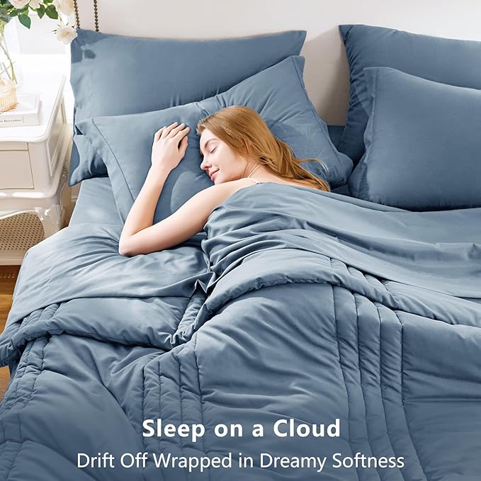 CozyLux Queen Comforter Set - 7 Pieces Bed in a Bag Grayish Blue Comforter Set with Sheets Luxury Bed Set All Seasons, Soft Bedding Set with Down Alternative Comforter, Sheets, Pillowcases & Shams
