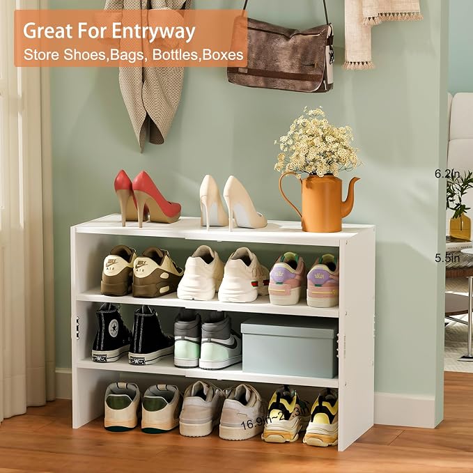 White Shoe Rack Organizer for Closet, 3-Tier Expandable Shoe Shelf, Stackable Iron Wood Combination Shoe Racks Shelves for Closets, Entryway,Small Space,Hallway,Garage,Holds 8-16 Pairs of Shoes - Image 2