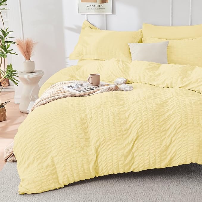 HYMOKEGE Yellow Queen Comforter Set Seersucker 7 Pieces, All Season Luxury Bed in a Bag Queen for Bedroom, Bedding Set with Comforter, Sheets, Pillowcases & Shams