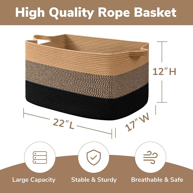 Goodpick Large Blanket Basket 22" x 17" x 12" Wicker Laundry Baskets for Organizing, Decorative Woven Rope Basket for Living Room Bedroom, Rectangle Toy Storage Baskets for Kids - Image 3