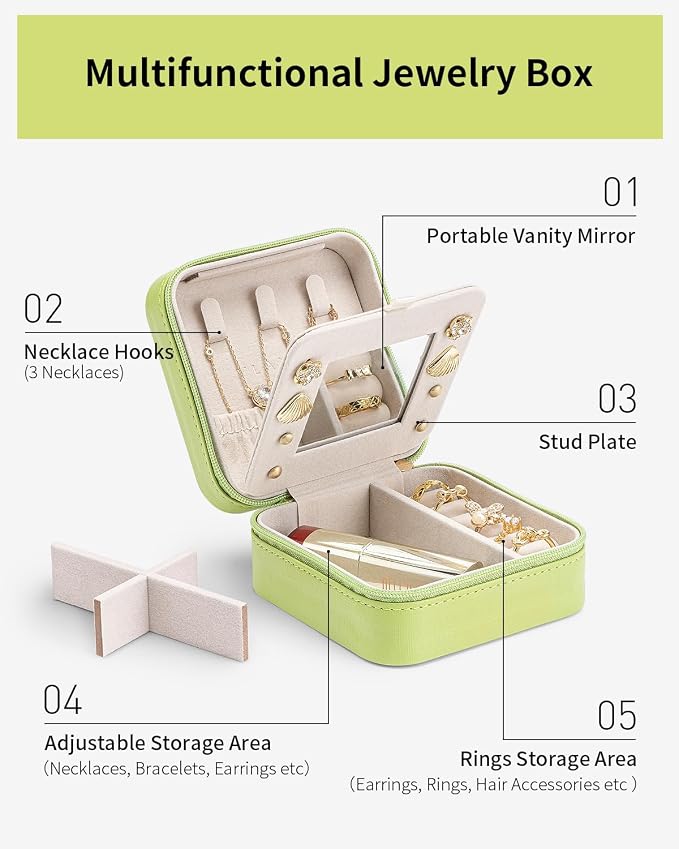 VLANDO Small Travel Jewelry Box Organizer - Girls Women Gift Rings Earrings Necklaces Jewelry Storage Display Case with Mirror Green - Image 9