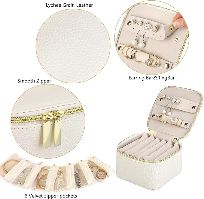 HofferRuffer Jewelry Box Organizer for Women Girls, Travel Jewelry Case with 6 Portable Zipper Bags, Jewelry Storage Ideal for Travel & Home Organization (6pcs-CreamWhite Faux Leather) - Image 3