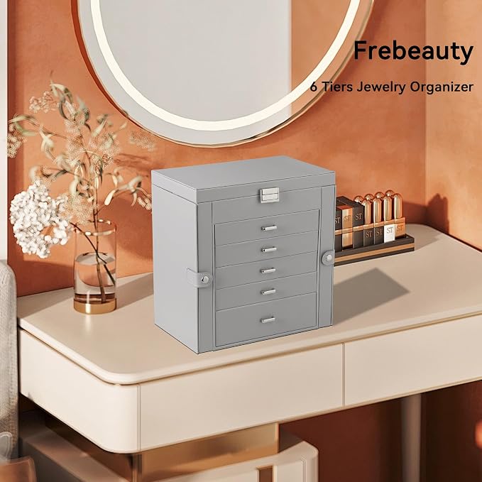 Frebeauty Large Jewelry Box,6-Tier PU Leather Jewelry Organizer,Multi-functional Storage Case with Mirror,Accessories Holder with 5 Drawers for Necklace Bracelets Watches(Grey) - Image 2