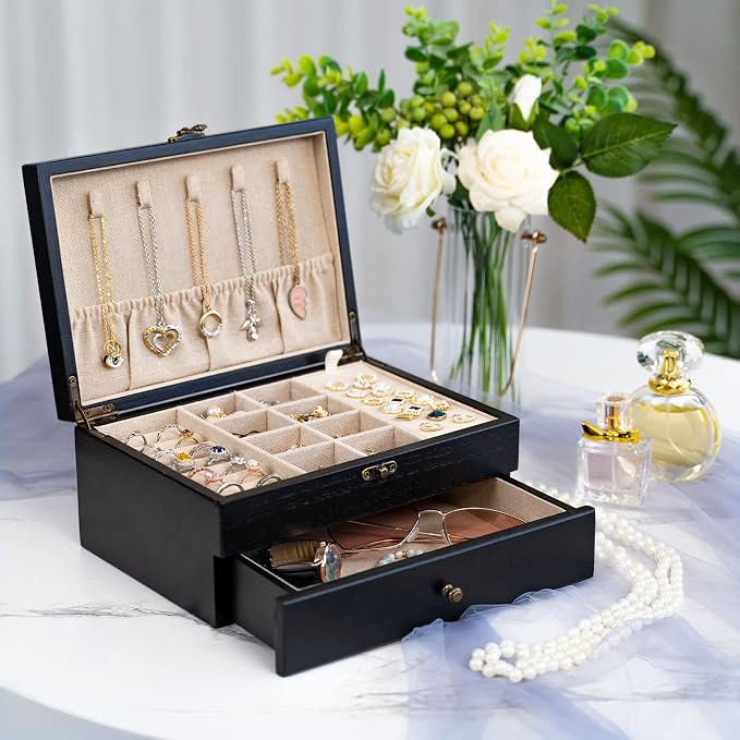Pinzoveco Jewelry Box for Women, Rustic Wooden Jewelry Organizer Box for Storage Earrings Rings Necklace Bracelet, Farmhouse Style Wood Jewelry Boxes & Organizers (Black) - Image 2