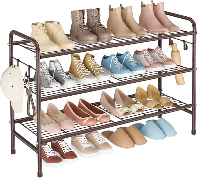 VILICK 3 Tier Shoe Rack 33" Wide Metal Shoe Organizer Long Shoe Storage with 4 Side Hooks Sturdy Shoes Shelf for Front Door Entrance, Closet, Garage, Dorm, Brown - Image 9