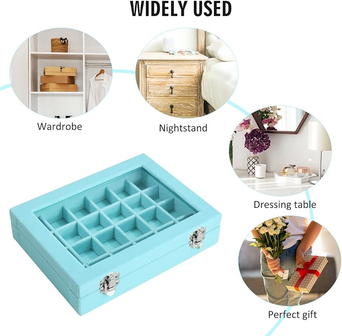 Vicoter Velvet Jewelry Box 24 Grid Jewelry Ring Display Organiser Box Tray Holder Earrings Storage Case for Girls Wife Mom Women (Light Blue) - Image 6