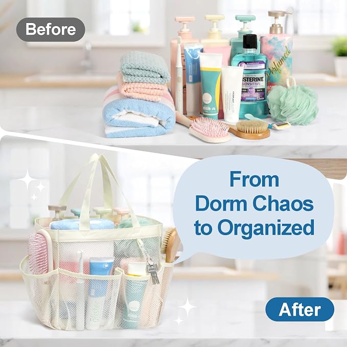 F-color Mesh Shower Caddy Portable, Upgrade Deeper 7 Pockets Shower Bag Basket Tote for College Dorm Room Toiletry Bathroom Essentials Gym Camp Quick Dry 2 handles with S Hook, Butter White - Image 4