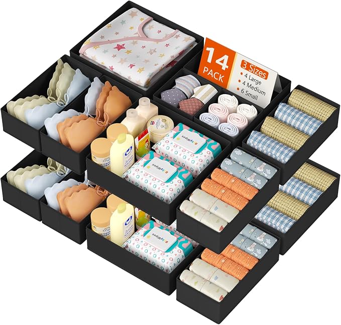 DIMJ Drawer Organizer Clothes 14 Pack - Foldable Baby Organizers and Storage & Dresser Organizer for Bedroom, Closet - Nursery Organization Dresser Dividers for underwear, Sock,Bra, Belt, Tie, Black by DiMJ