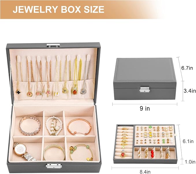 Jewelry Box for Women Girls 2 Layer Leather Travel Jewelry Organizer Storage Case with Lock and Removable Tray for Necklace Earrings Rings Bracelets Gift, Come with Polishing Cloth and Jewelry Bags - Image 6