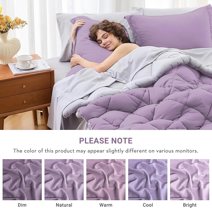 MUXHOMO 7 Pieces King Comforter Set, Reversible Bed in a Bag King Size, All Season Bedding Set with Comforter, Flat Sheet, Fitted Sheet, Pillowcases & Shams, Greyish Purple & Light Grey