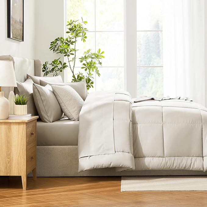 CozyLux Queen Comforter Set Oatmeal, 7 Pieces Bed in a Bag, Oatmeal Comforters Queen Size, All Season Bedding Sets with Stitch Quilted Comforter, Flat Sheet, Fitted Sheet, Pillowcases