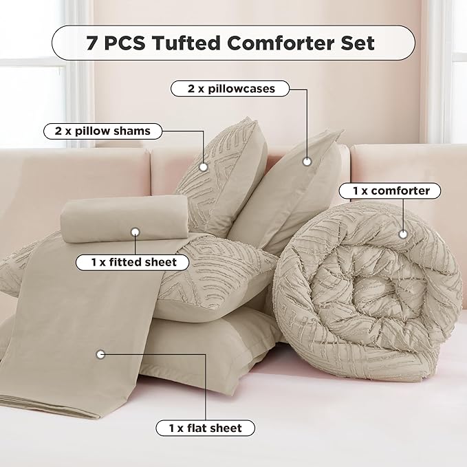 Andency Queen Size Comforter Set 7 Piece Oatmeal - Bed in a Bag Queen Boho Lightweight Fluffy Tufted Bedding Sets with Comforter, Sheets, Pillowcases & Shams