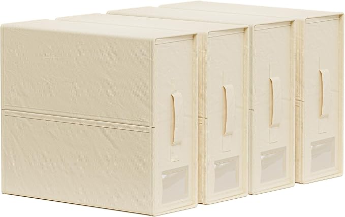 SheetCube Bed Sheet Organizers and Storage 4 Pack, Foldable Linen Closet Organizer with Window and Label, Bedding Folder Storage Box Container for Blanket, Duvet Cover Set, Bed Sheet Set - Beige by SUOCO