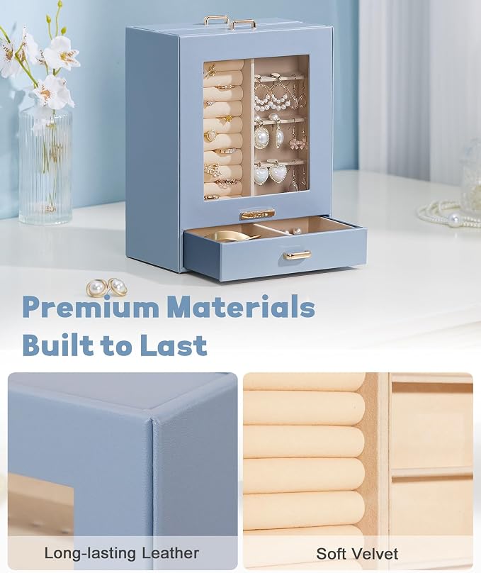 Homde Jewelry Organizer Girls Women Jewelry Box for Necklaces Rings Earrings Gift Bracelets Storage Case (Grey Blue + Gold) - Image 6