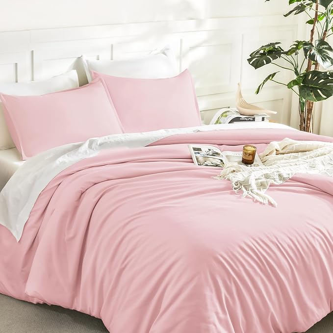 Litanika Pink Comforter Set Queen Size, 3 Pieces Lightweight Soft Fluffy Solid Bedding Set, All Season Bed Set (90x90In Comforter & 2 Pillowcases)