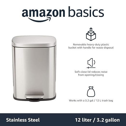 Amazon Basics Smudge Resistant Small Rectangular Step Pedal Trash Can with Soft-Close Lid, Removable Inner Bucket, Brushed Stainless Steel, 12 Liter/3.1 Gallon, Satin Nickel Finish - Image 5