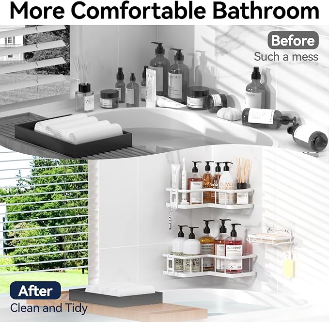 YASONIC Shower Caddy Corner, 3-Pack Adhesive Rustproof Stainless Steel Shower Shelves with Soap Holder, No Drilling Shower Organizer Corner for Dorm, Renters Bathroom, White - Image 7