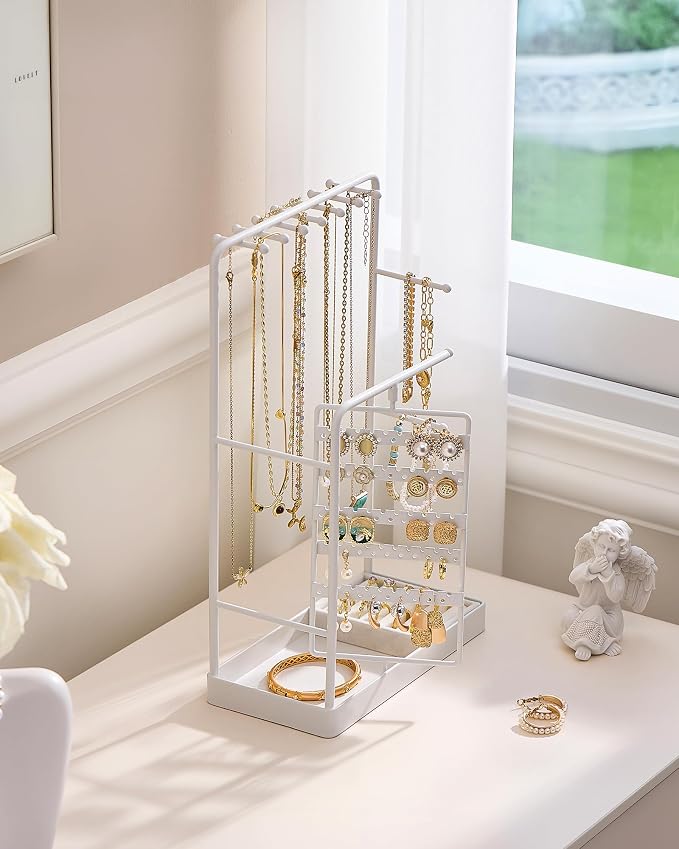 ProCase Jewelry Stand Holder Organizer, Jewelry Display Storage with Ring Tray, Rotating Earring Bracelet Necklace Holder, Valentine's Gifts Room Dorm Decor for Teen Girls -White (No-Assembly) - Image 4
