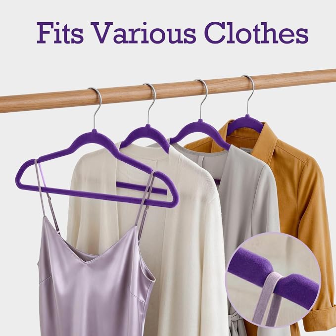 HOUSE DAY Noble-Purple Velvet Hangers 60 Pack, Non Slip Clothes Felt Hanger Heavy Duty for Coat, Premium Slim Space Saving Suit Hangers for Closet Organizer, 360° Rotating Silver Hook - Image 6