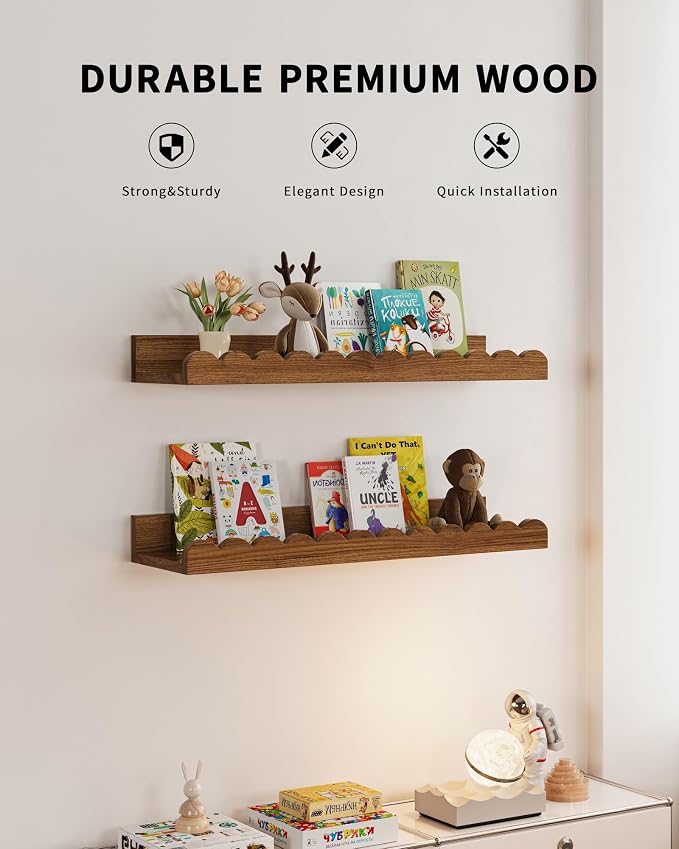Shario Nursery Book Shelves, 4-Pack Walnut Brown,Floating Shelves for Wall Kids, Scalloped Shelves, Wall Book Shelves for Bedroom Kids, Toddler Room, Baby Room, Nursery Decor - Image 2