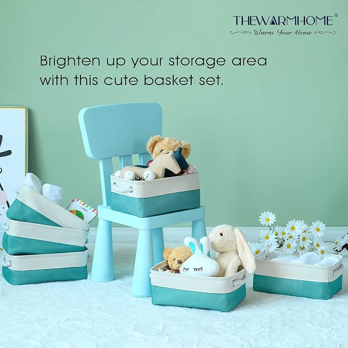 TheWarmHome Storage Bins for Shelves - Small 6 Pack 11.8x7.8x5.2 inch Sturdy Storage Basket W/Handles, Decorative Foldable Storage Baskets for Organizing Closet Nursery Toy(White & Green) - Image 3