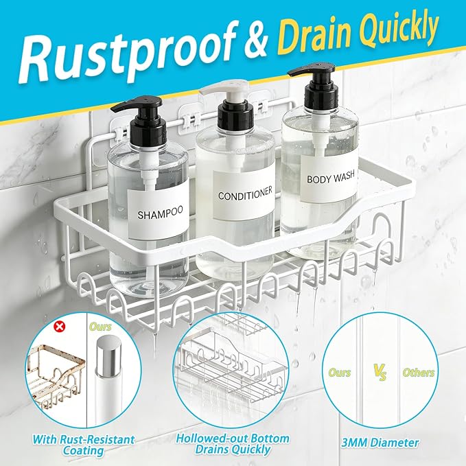 Fammart Adhesive Shower Caddy, 5-Pack Rustproof Stainless Steel Bathroom Organizer with 28 Hooks, No-Drill Large Capacity Shower Shelves for Bathroom Storage & Home Décor, White - Image 5
