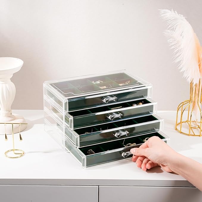 Lolalet Earring Holder Organizer Box Jewelry Storage with 4 Drawers, Clear Acrylic Stackable Earring Case with Adjustable Velvet Trays for Women on Dresser Vanity -Emerald, 4 Layers - Image 6