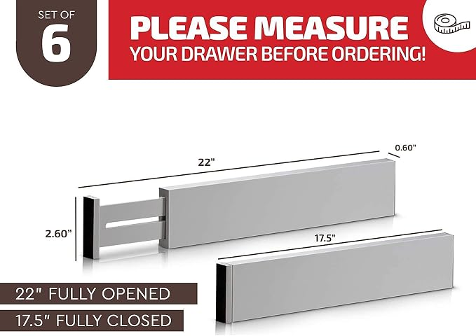 6-Pack Drawer Dividers - 2.6 Inches High, Adjustable 16 to 22 Inches Bamboo Drawer Organizer, Large Expandable Separator for Clothes, Dresser, Bedroom, Bathroom, Baby, Office, Kitchen Utensils, Gray - Image 2