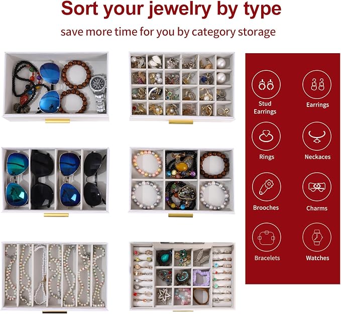 BOOVO Jewelry Boxes for Women, White and Black 6 Layer Large Jewelry Box for Necklace, Bracelet, Earrings, Rings Storage, Jewelry holder Organizer for Girls Gift (White and Gold, 6 layer) - Image 4