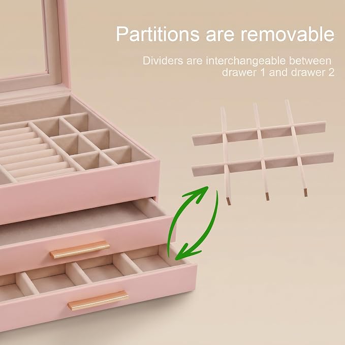 Somduy Jewelry Box Organizer for Women,3 Layers Jewelry Storage Display Box with Glass Lid,Gift for Christmas,3 Drawers,Large Capacity for Necklace Earrings Bracelets Rings,Pink - Image 4