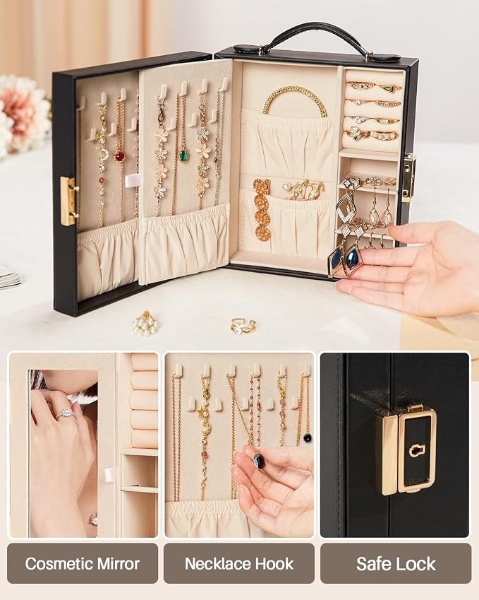 Enthralite Large Travel Jewelry Case: Portable Jewelry Box with Mirror - PU Leather Small Jewelry Organizer for Rings Earrings Necklaces Bracelets - Birthday Gift for Her - Jewelry Storage - Image 5