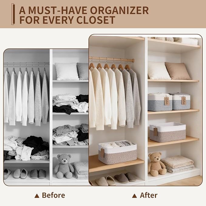 Goodpick 4 Pack Storage Baskets for Shelves, Rectangle Cotton Rope Baskets for Organizing, Woven Storage Basket for Baby Toys Diapers, Decorative Shelf Basket for Gifts, 13''L x 8''W x 6''H - Image 4