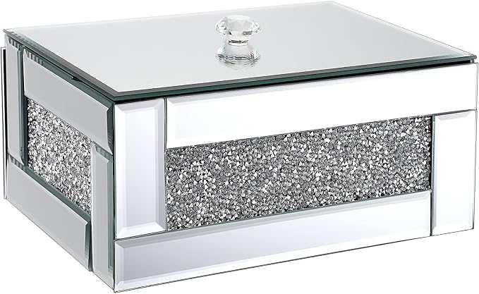 Hipiwe Glass Mirrored Jewelry Box with Crushed Diamond Decor, Trinket Organizer Box Luxury Rings Earrings Necklace Storage Keepsake Box Treasure Chest Case, Silver Large Size by Hipiwe