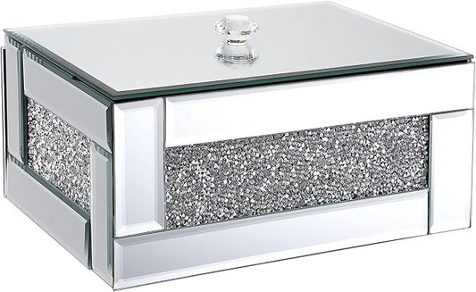Hipiwe Glass Mirrored Jewelry Box with Crushed Diamond Decor, Trinket Organizer Box Luxury Rings Earrings Necklace Storage Keepsake Box Treasure Chest Case, Silver Large Size by Hipiwe