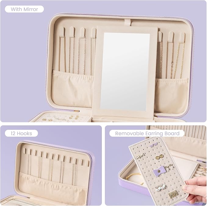 Lolalet Travel Jewelry Case for Women Girls, Travel Jewelry Organizer Box with Mirror & Clear Storage Bag, Small Portable Earring Necklace Bracelet Ring Case, Birthday Valentine Gifts -Large, Purple - Image 5