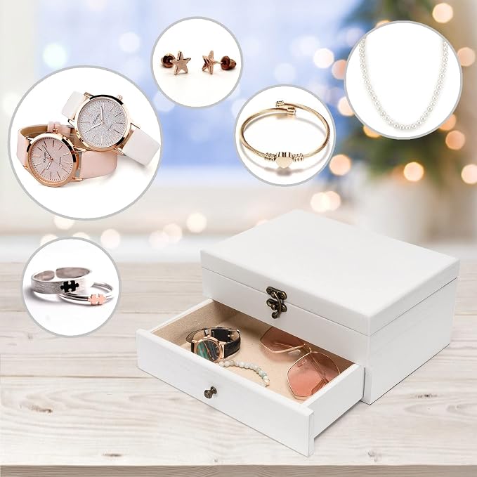Pinzoveco Jewelry Box for Women, Rustic Wooden Jewelry Organizer Box for Storage Earrings Rings Necklace Bracelet, Farmhouse Style Wood Jewelry Boxes & Organizers (White) - Image 6