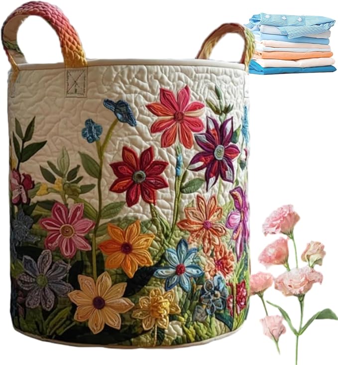 Quilted Laundry Basket with Handles, Boho Floral Fabric Storage Hamper, Large Soft Quilted Laundry Basket for Nursery, Bedroom, Laundry Room,Clothes & Toys (C, S) by qusanii