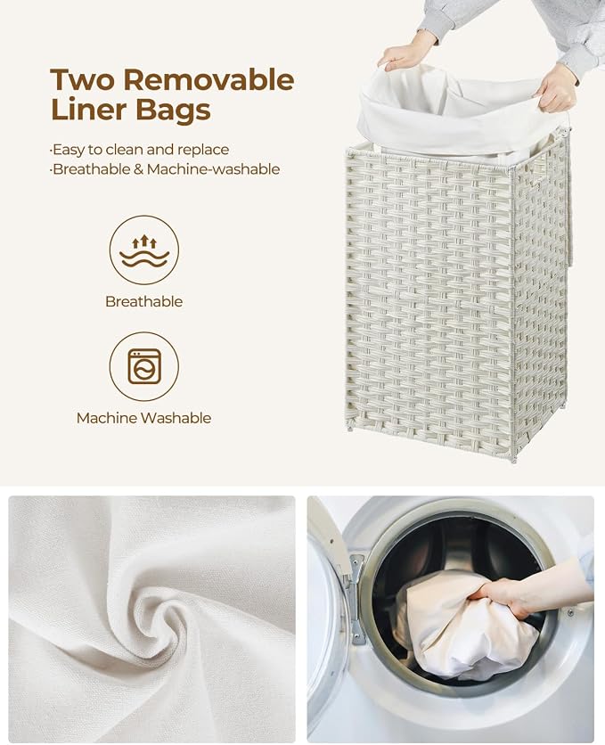 Greenstell Laundry Hamper with Lid, 60L Clothes Hamper with 2 Removable Liner Bags & 2 Mesh Bags, Handwoven Synthetic Rattan Basket, Toys in Bathroom, Bedroom White - Image 4