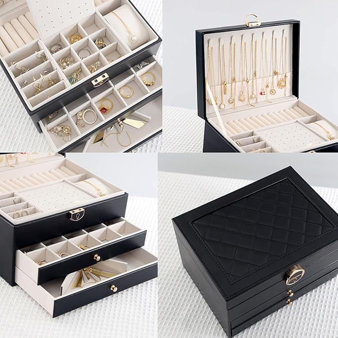 GUOER Jewelry Box for Women Girl Wife 3 Layers Large PU Leather Jewelry Organizer Storage Case with Two drawers Display for Earrings Bracelets Rings Watches (Black) - Image 4
