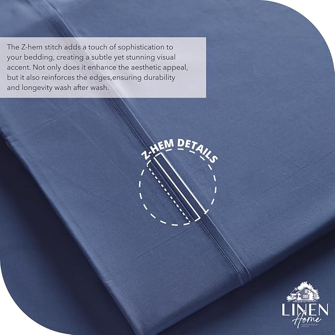 Linen Home 100% Cotton Percale Sheet Set, Full Size, Dark Blue, Deep Pocket, 6 Pieces Set - 1 Flat, 1 Deep Pocket Fitted Sheet and 4 Pillowcases, Crisp Cool and Strong Bed Linen
