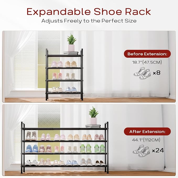 Bumusty 4-Tier Long Expandable Shoe Rack for Closet, 18"-44" Adjustable Shoe Rack for Entryway, 20-24 Pairs Large Shoe Organizer Shelf Storage, Sturdy Metal, Black - Image 3
