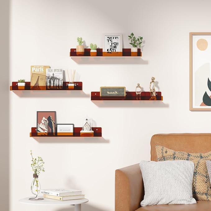 upsimples Acrylic Shelves for Wall Decor, 15" Display Shelf Perfume Organizer for Bathroom, Bedroom, Living Room, Floating Bookshelves for Kids, Clear Brown, 4 Pack - Image 2