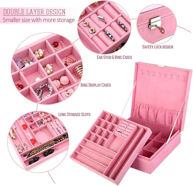 Two-Layer Jewelry Box Organizer Display Storage case with Lock (Pink) - Image 7