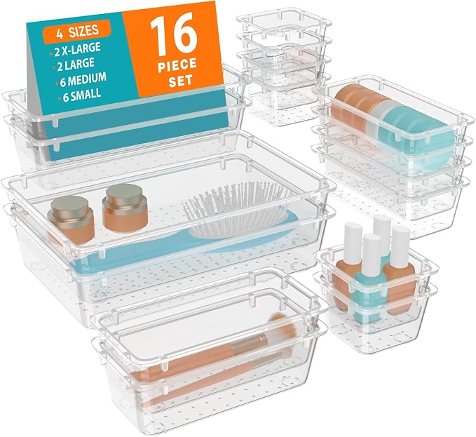 WOWBOX 16 PCS Clear Plastic Drawer Organizer Set, 4 Sizes Desk Drawer Organization and Storage Containers for Makeup, Cosmetics, Jewelry and Gadgets in Kitchen, Bathroom, Bedroom, Office, Clear by WOWBOX