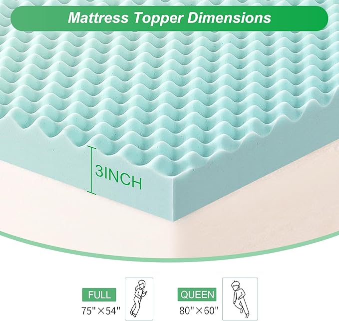 3 Inch Full Size Egg Crate Cooling Gel Memory Foam Mattress Topper, Convoluted Bed Topper for Pressure Relief and Enhanced Airflow, CertiPUR-US Certified