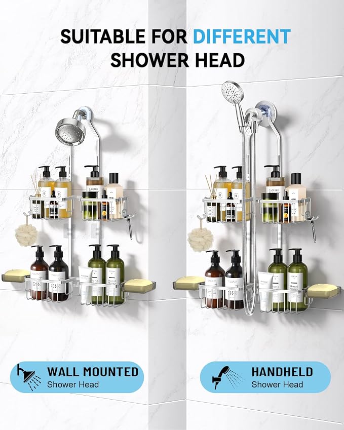 Adjustable Shower Caddy Hanging - Never Rust Shower Organizer Hanging, Aluminum Shower Racks for Inside Shower - Bathroom Organizers and Storage with 2 Soap Holders and 2 Removable Hooks, Silver - Image 2