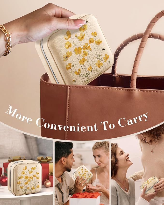 Bistup Travel Jewelry Case - Small Jewelry Organizers and Storage Box for Women Girls Teens Cute Traveling Jewelry Holder with Mirror Little Tiny Compact Yellow Flower Pretty Modern Unique Aesthetic - Image 6