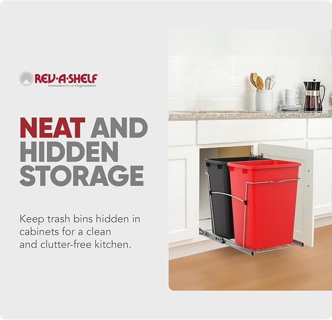 Rev-A-Shelf RV-18KD-1618C-S Double Pullout Trash Can for Kitchen Cabinets 35 Qt Garbage Recycling Bin on Full Extension Slides, Red/Black - Image 5