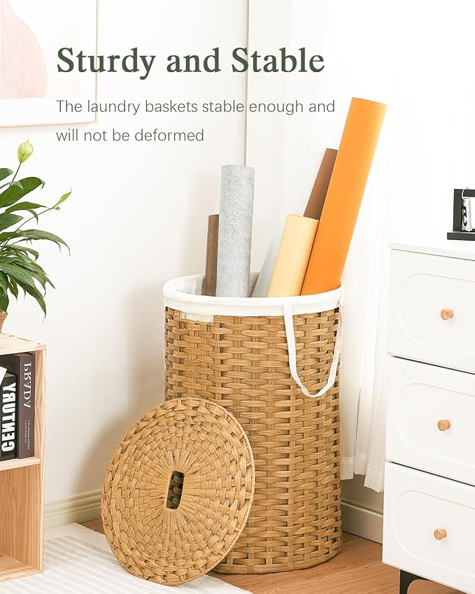 SETVSON Large Laundry Hamper Laundry Basket Round 34.3 Gal (130 L) Handwoven Wicker Laundry Baskets Rattan Laundry Basket with Laundry Bag Handles 2 Mesh Bags for Living Room Bedroom Natural - Image 6